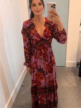 FARM Rio Purple Maxi Dress with Rust and Brown Floral Print, Like New